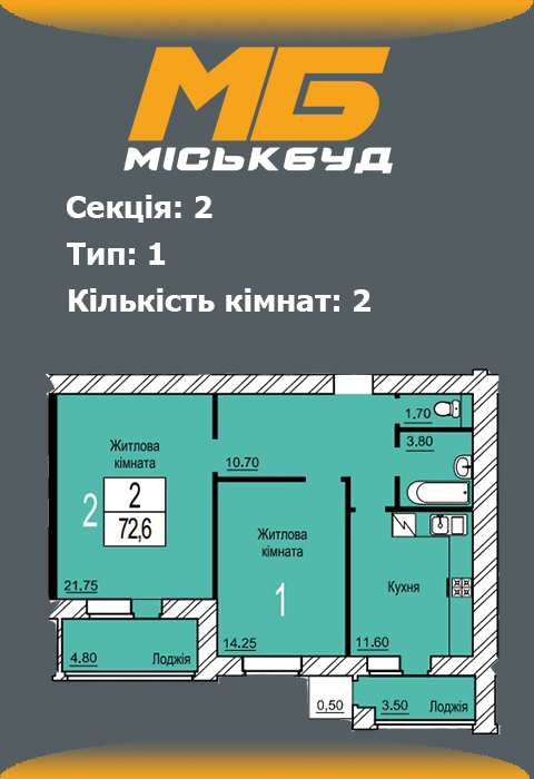Планування двокімнатної квартири 1 тип