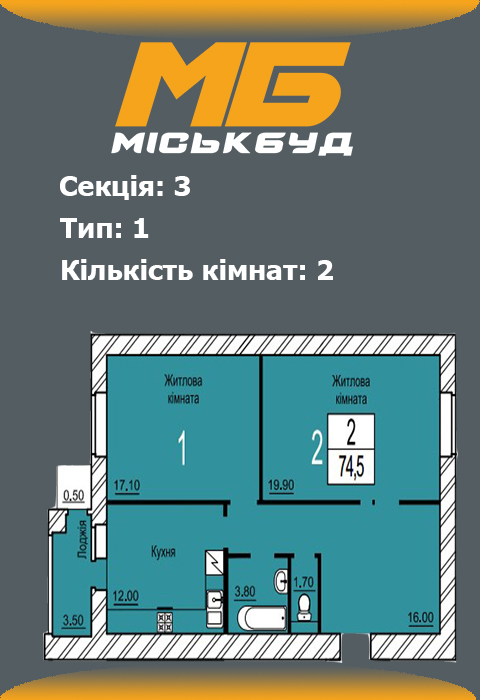 Планування двокімнатної квартири 5 тип